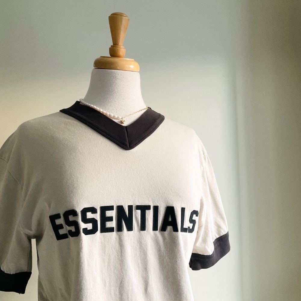 Essentials Cream Short Sleeve Tee with Black Logo and Collar